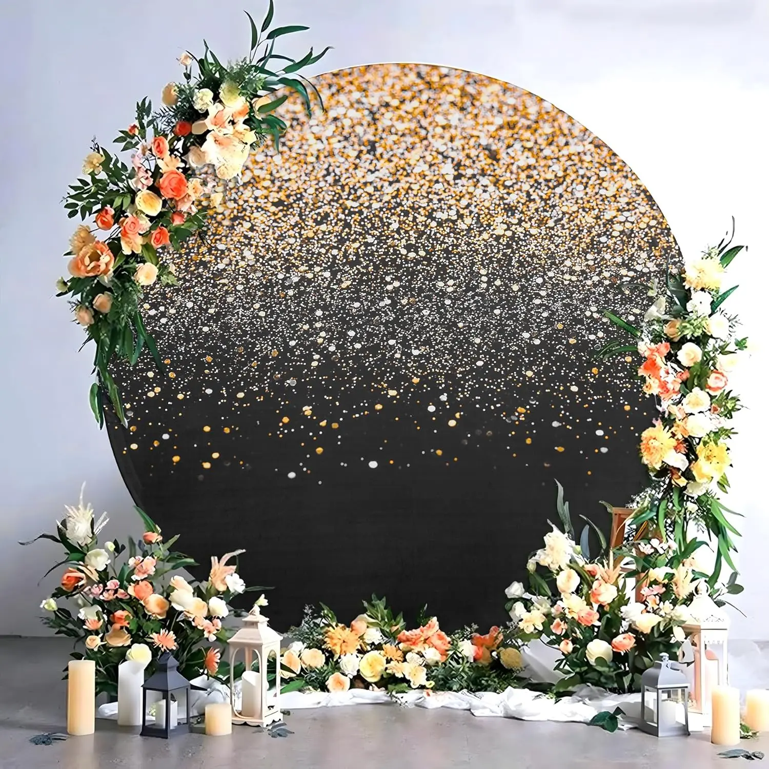 Black Gold Glitter Circular Background Cover Baby Bridal Shower Wedding Kids Adult Birthday Party Decor Round Backdrop Studio