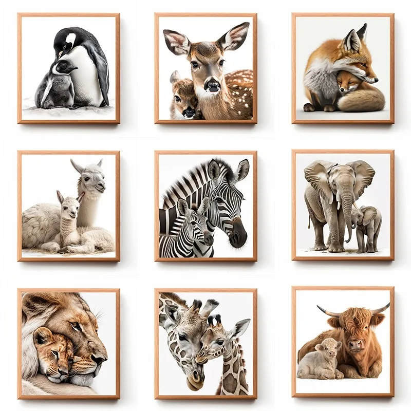 Animals and Their Baby Highland Cow Lion Zebra Giraffe Posters and Prints Canvas Printing Wall Art Picture for Living Room Decor
