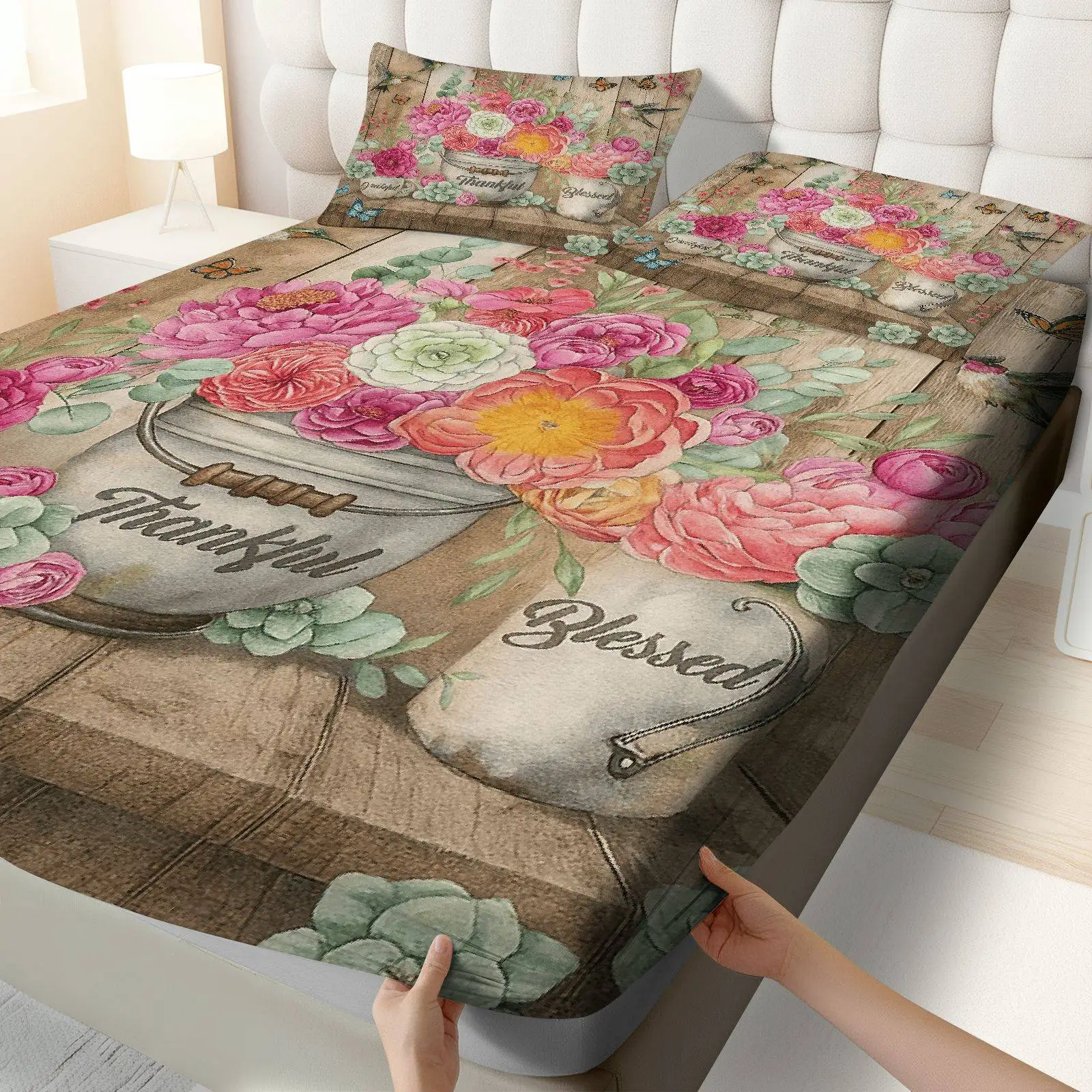 3-Piece Mattress Protector Set with Floral Country Style Inspirational Design, Thanksgiving Theme, Vintage Pastoral Garden Style Bedding, Mattress Protector, Fitted Sheet, Pillowcase. Mattress Protector, Stain-Resistant, Suitable for All Seasons, Machine Washable, Easy to Care For, Suitable for Home Bedrooms, Essential for Dorms and Rentals, Master Bedroom and Guest Room Decoration, Dust-Proof and Dirt-Resistant, High Elasticity, Fits Various Sizes