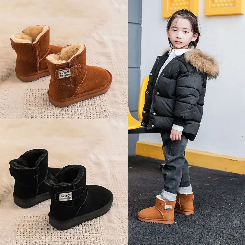 

2026 New Kids Snow Boots Girls Boys Winter Boots Genuine Leather Warm Plush Lining Thick Sole Outdoor Winter Shoes for Children