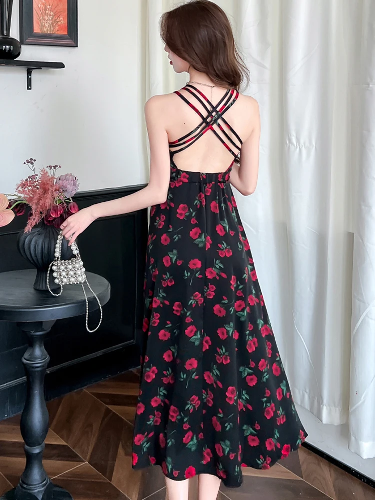 Summer Black Chiffon Chic Ruffled Floral Sling Long Dress Women Korean Vintage Evening Dress 2025 Elegant Bodycon Party Vestidos