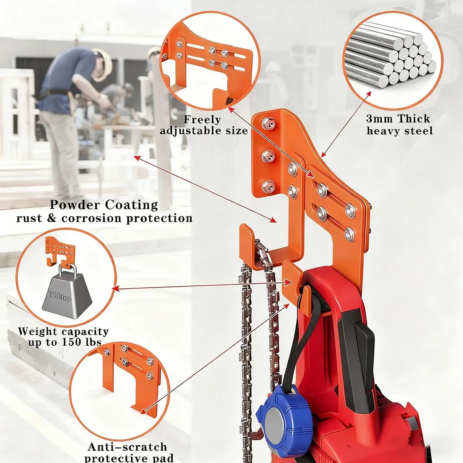 حامل المنشار عالي التحمل لتسليط الحائط ومنظم المنشار مع خطافين لأداة سلسلة ورشة عمل جراج الحديقة