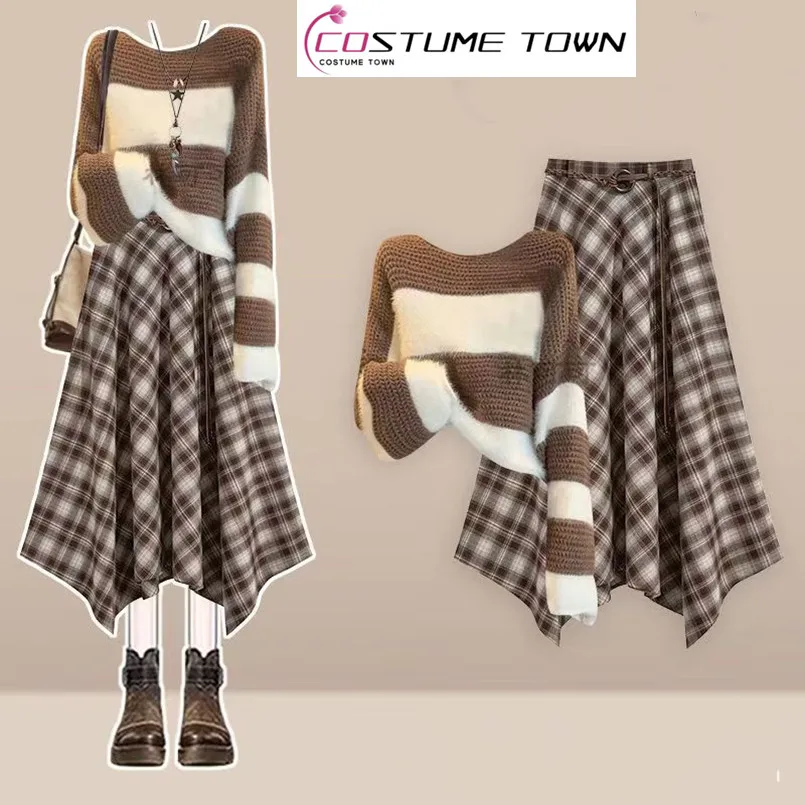 الخريف والشتاء الكورية نمط عارضة مخطط محبوك سترة أعلى + تنورة منقوشة أنيقة المرأة قطعتين مجموعة