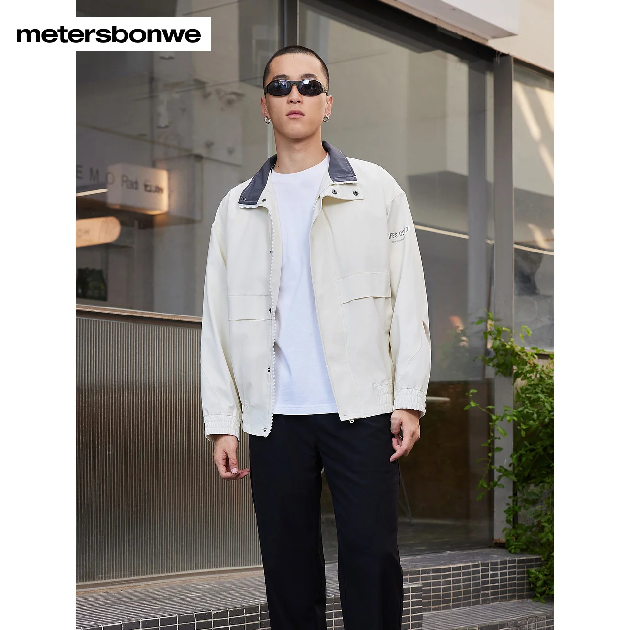 Metersbonwe-Chaqueta con cuello levantado para hombre, puño con dobladillo, diseño elástico, bolsillos dobles laterales, ropa de abrigo con estampado reflectante, informal de negocios