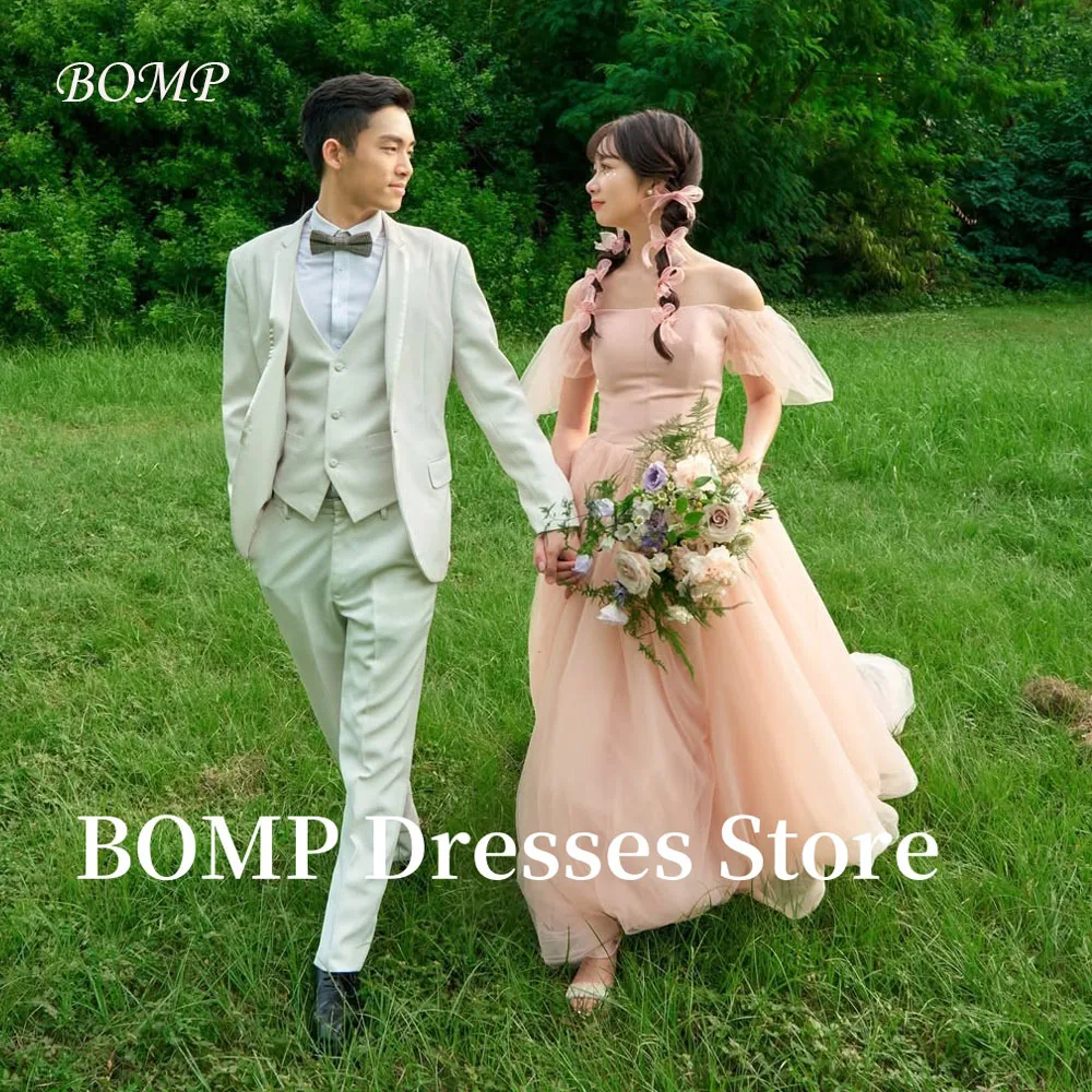 

BOMP Fairy Blush Pink Tulle Wedding Dresses Korea Photo shoot Off Shoulder Short Sleeves Princess Bridal Gowns Corset Customized