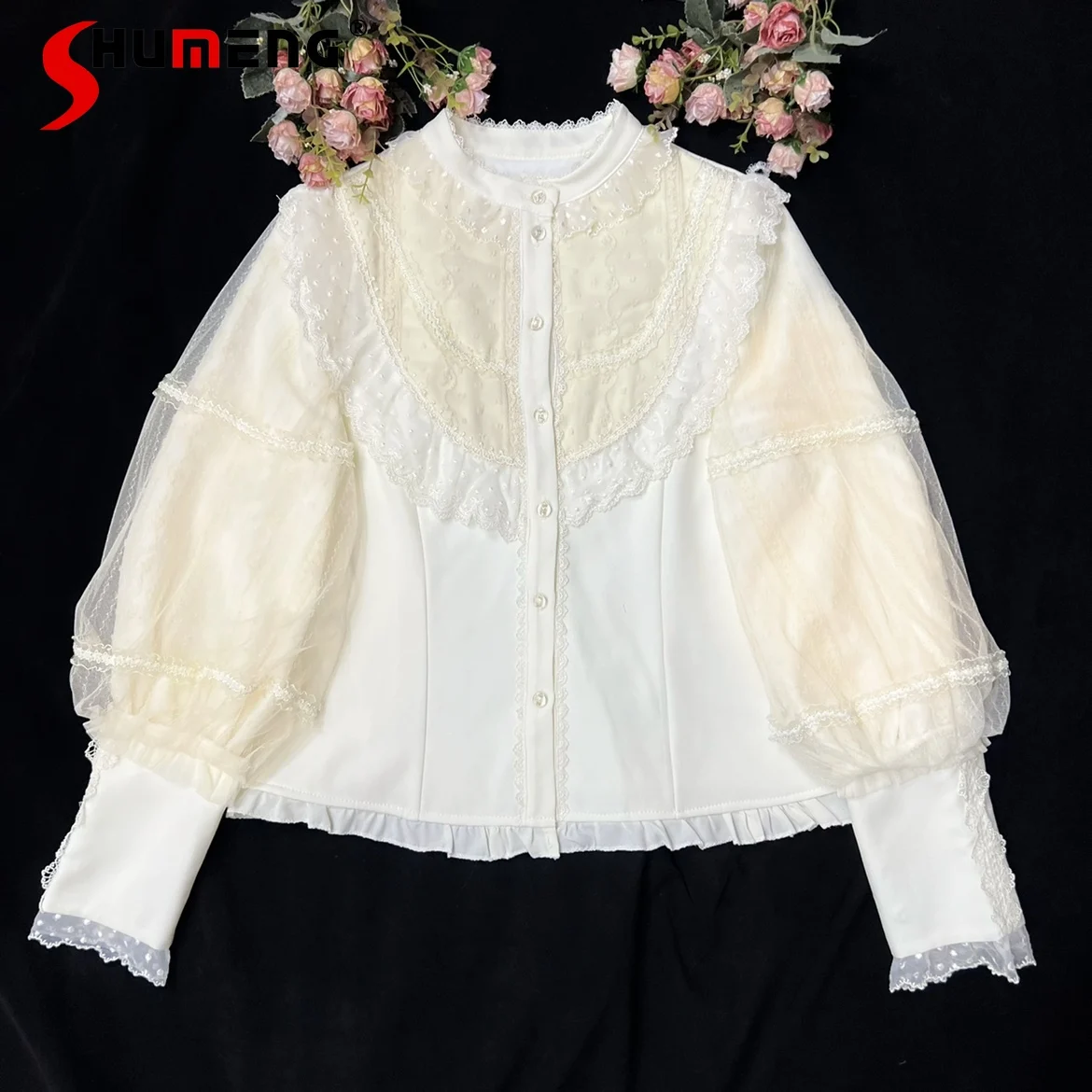 

Original Lolita Beige Shirt 2024 Winter New Sweet Woman Solid Color Long Gigot Sleeve Fleece-Lined Stand Collar Inner Blouses
