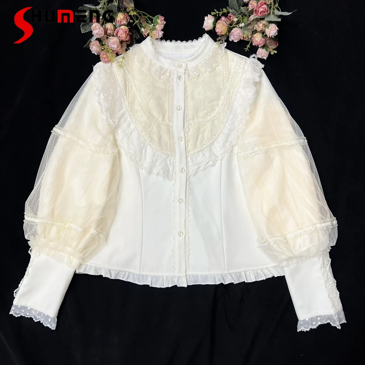 Original Lolita Beige Shirt 2024 Winter New Sweet Woman Solid Color Long Gigot Sleeve Fleece-Lined Stand Collar Inner Blouses