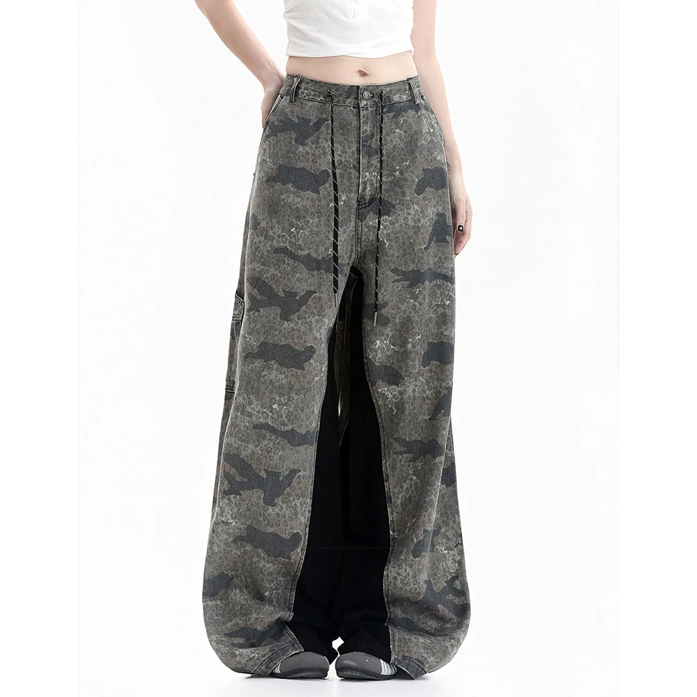 Women's Wide-Leg Pants Street Camouflage Army Green Colorblock Baggy Denim Jeans Women Drawstring Waist Floor-Length Trousers