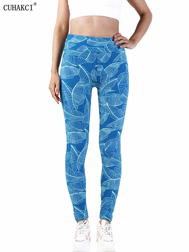 CUHAKCI-Leggings de cintura alta para mujer, pantalones de lápiz con estampado de hojas, elásticos, sexys, de poliéster, para entrenamiento, medias informales de LICRA