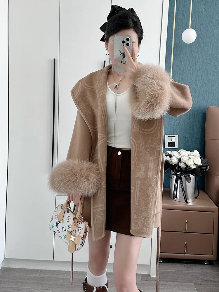 Fashion New Winter Woolen Jacket Women Natural Real Fox Fur Cuffs Thick Warm Wool Cardigan Coat Luxury Streetwear Outwear