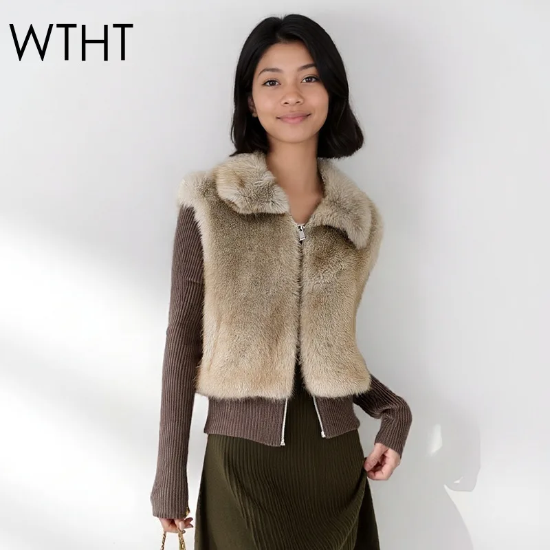 WTHT Fashion Women's Plush Spliced Knit Long Sleeves Warm Coat 2025 Winter Trendy Lapel Zipper Jacket Female 1LS2720