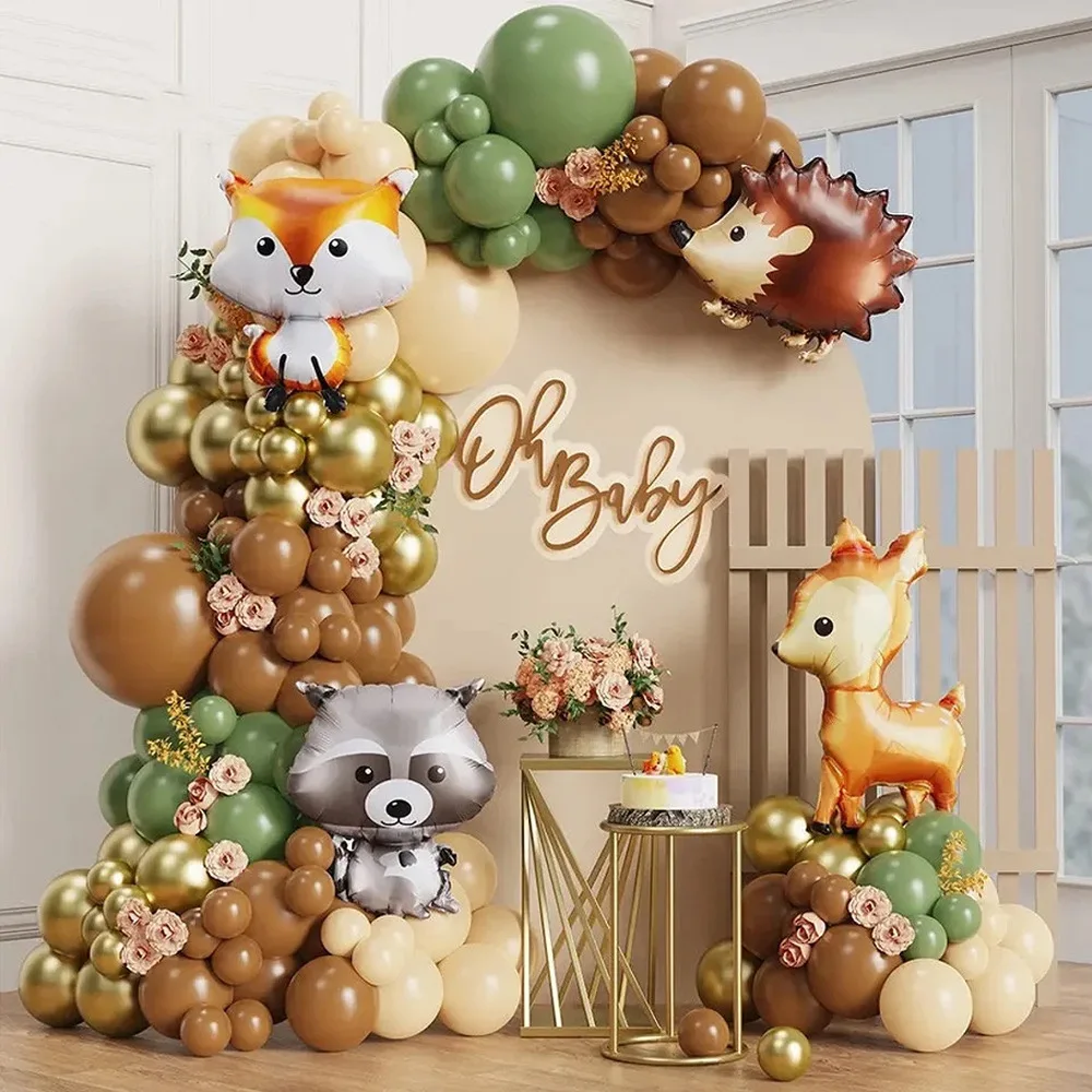 Articles de fête sur le thème des animaux de la forêt avec guirlande de ballons, pour les célébrations d'anniversaire sur le thème de la faune, accessoires de photomaton, fournitures de fête animales