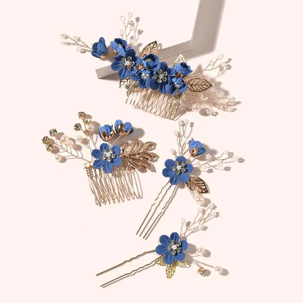 

Luxury Crystal Crown Bride Hair Jewelry Wedding Hair Combs Blue White Bridal Clips Flower Hair Pin