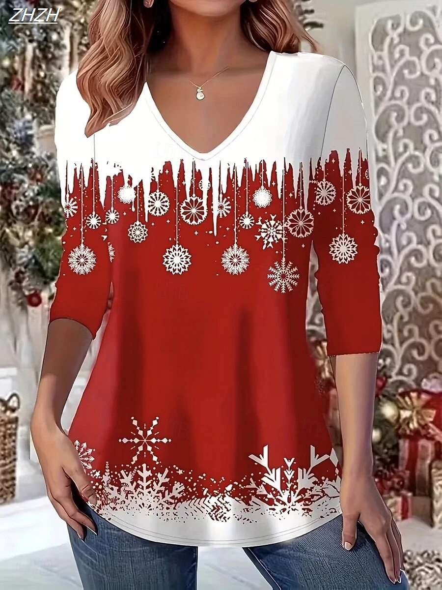 

2025 Christmas Women's T Shirt Graphic Plaid Snowflake Vintage Stylish Classic Long Sleeve V Neck Regular Tops Daily Fall Winter