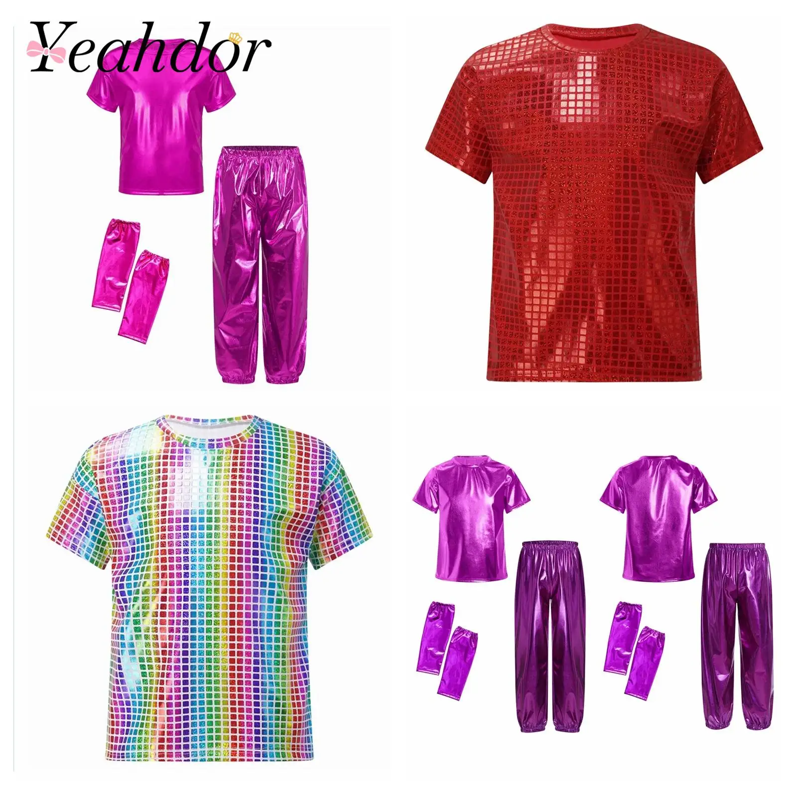 

Kids Clothes Sets Children Metallic Party Outfits Girls Boy Performance Jazz Dance Costume Short Sleeve T-shirt Pants Streetwear