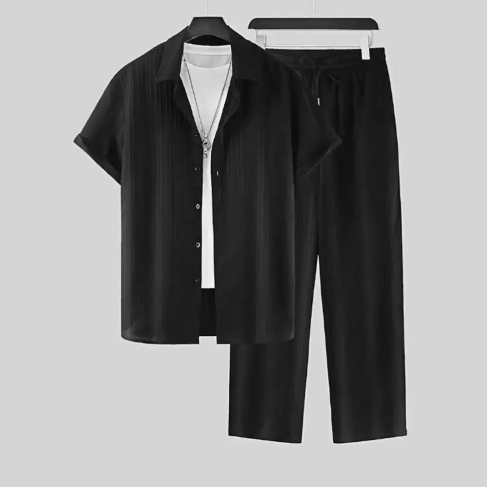 

Men Outfit Spring/Summer Suit Solid Color Lapel Shorts Sleeve Shirt and Long Pants Set Loose Fit Casual Men Suit Set