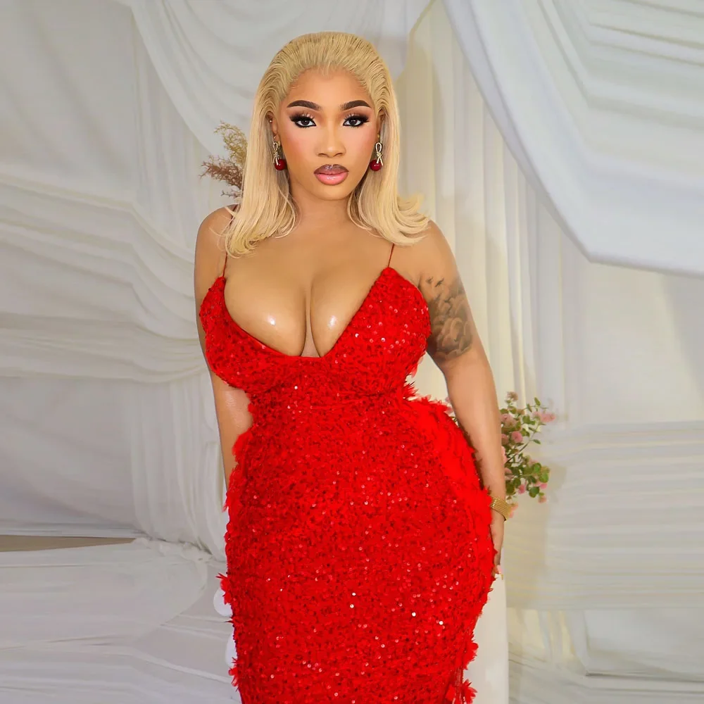 섹시한 크리스마스 레드 머메이드 프롬 드레스, 스파게티 스트랩, 스팽글 & 레이스 장식, 섹시한 머메이드 이브닝 파티 드레스