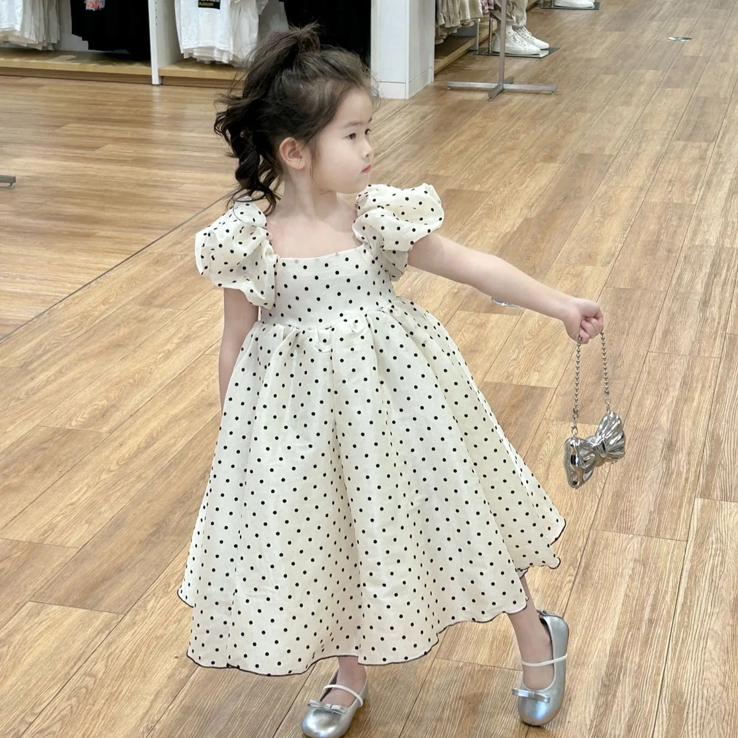 2024summer new Korean version of children's girls' flocking polka dot princess skirt puffy sleeve dress 90 100 110 120 130 140cm