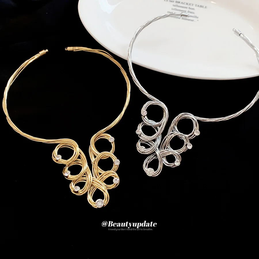 Modern Gold And Silver Wire Sculpture Swirl Statement Torque Choker Necklaces Abstract Geometric Open Bangle Neck Jewelry