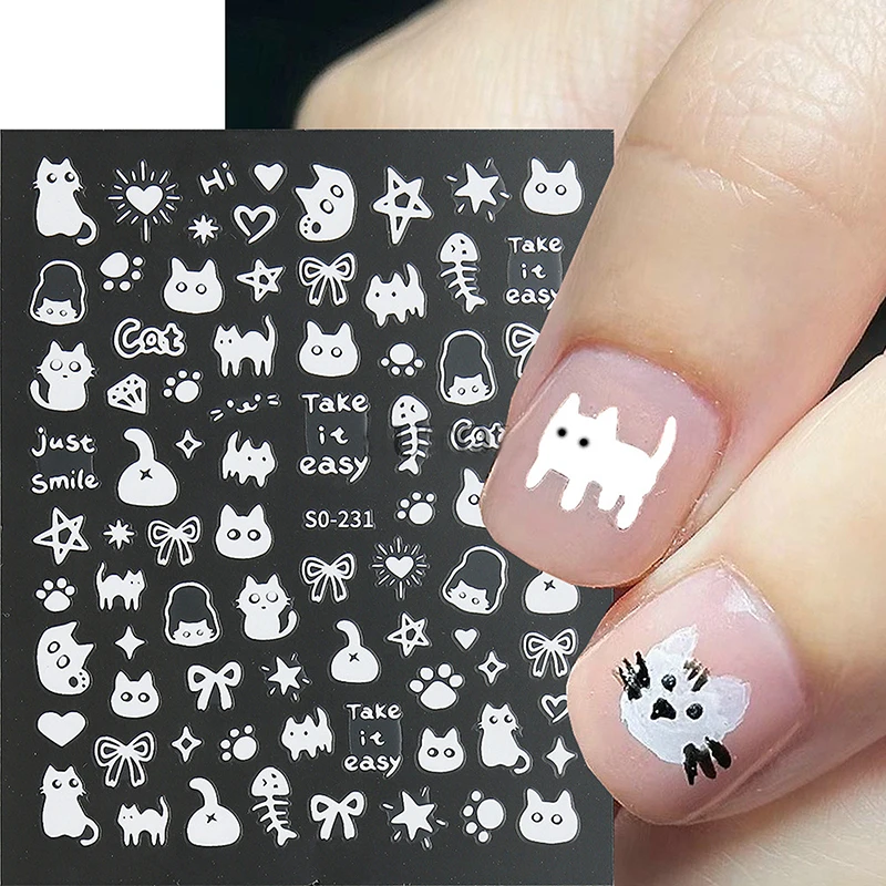 1Sheet 3D Black Cartoon Cute Cat Nail Stickers Cat Stars Letters Nail Sliders Y2K Korean Japanese Nail Art Manicure Decors