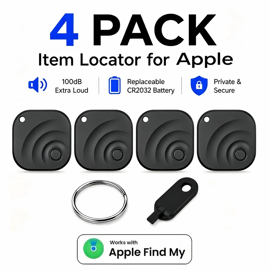 VAETTLO 4-Pack Item Locators for Android or iOS Compatible with Google Find Hub & Apple Find My, these smart trackers help you keep tabs on your keys, wallet, luggage, backpacks and more. Featuring a replaceable battery and a 100-decibel alarm