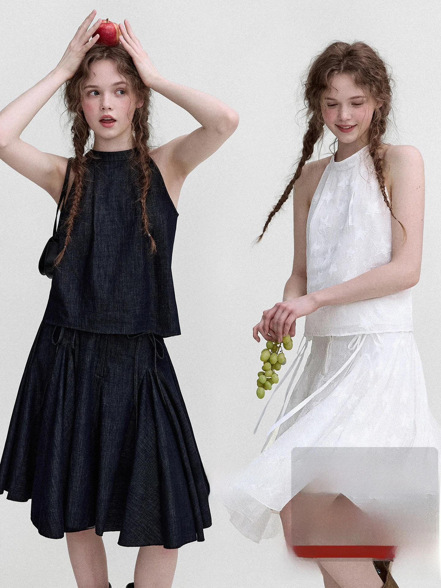 

LeNordic Vintage 100% Cotton Breathable Denim Halter Neck A-Line Umbrella Skirt Set Women's Fashion Summer Casual Wear