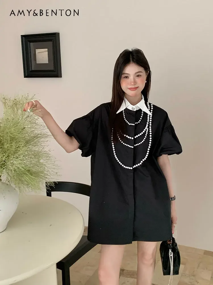 

Summer French Simplicity Puff Sleeve Heavy Industry Pearl Necklace Mid-Length Long Sleeve Shirt Fashion All-Match Loose Blouse