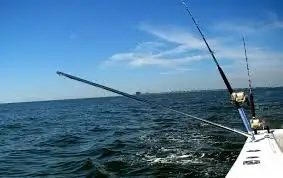 Ocean fishing rod with carbon fiber telescopic outriggers and bait holder