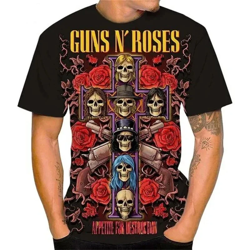 Vintage Guns N Roses 3D Print O-Neck T-shirt Men Casual Short Sleeve Rock Band Oversized Hip-hop Tshirt Unisex Clothing