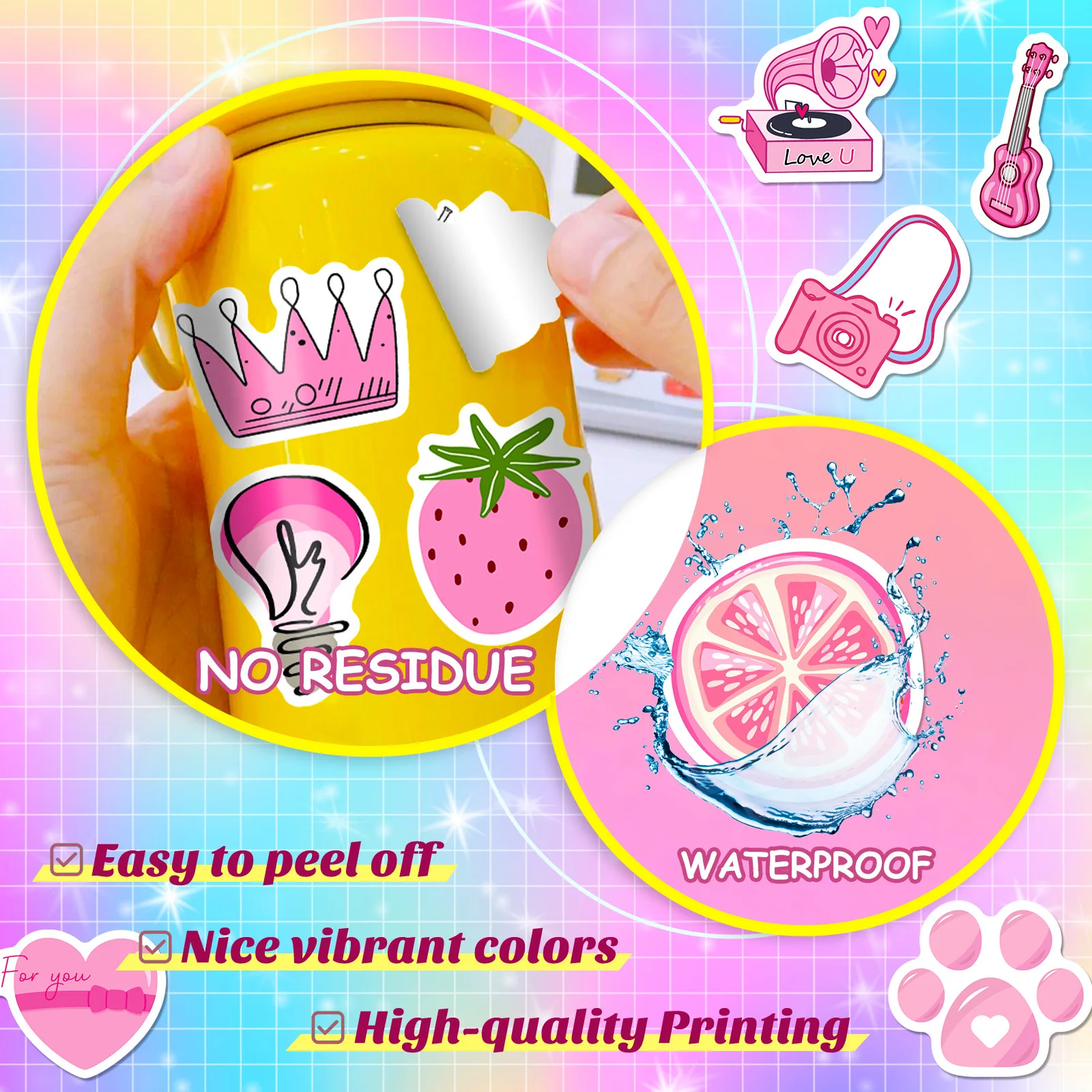 100PCS Pink Girls Cute Cartoon Graffiti Stickers DIY Phone Guitar Laptop Notebook Suitcase Cup Waterproof Sticker Kids Toy