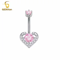 G23Titan 14G Piercing Pink Zircon Heart Navel Ring Surgical Titanium Steel Ombligo Shiny Cartilage Body Women Jewelry Gifts