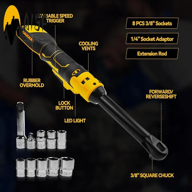 

A15F-3/8Inch Extended Cordless Ratchet Wrench For Dewalt 20V Series Batteries,Electric Power Ratchet Set With Metric Sleeves