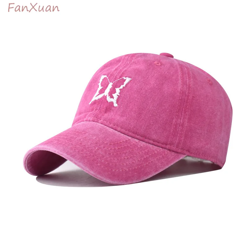 Cute Butterfly Embroidery Baseball Cap for Women Girl Pink Summer Cap Washed Cotton