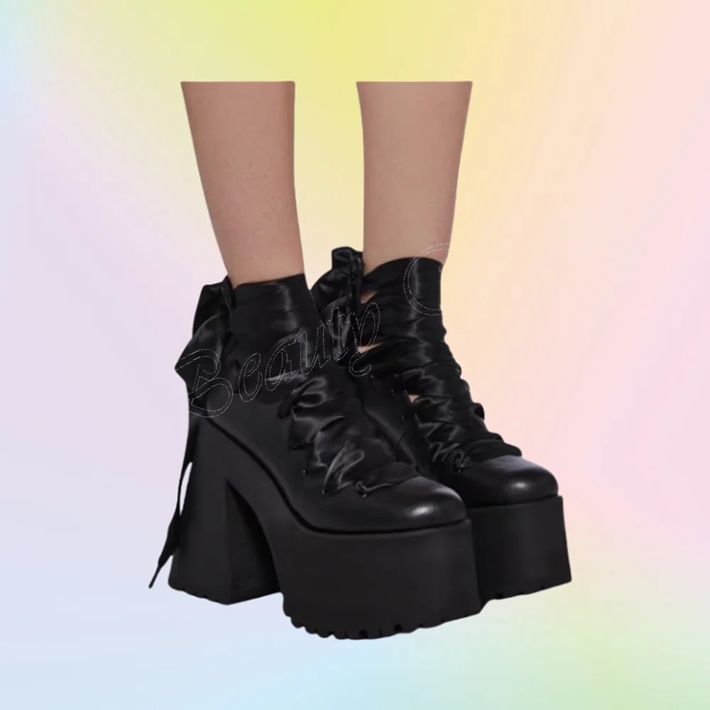 Black Silk Lace up Ankle Boots Platform Strange Style Chunky Heel High Heel Shoes for Women Shoes 2024 Zapatos Para Mujere