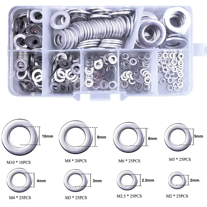 180pcs Stainless Steel Sealing Solid Gasket Washer M2 M2.5 M3 M4 M5 M6 M8 M10 Sump Plug Oil For General Repair Seal Ring Set