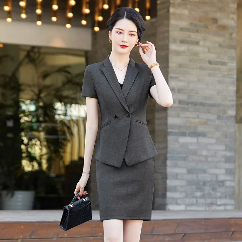 High-end Short Sleeve Professional Suit Set for Women Summer New Formal Wear Elegant Hotel Manager Work Dress Set Summer