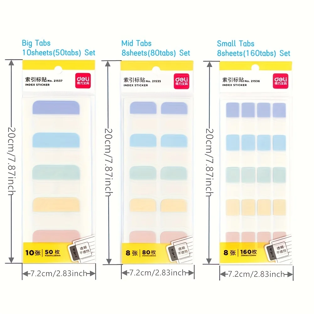 مجموعة علامات تبويب الفهرس اللاصق من DELI مكونة من 50-160 ورقة مع 3 أحجام علامات الصفحة لملفات أجهزة الكمبيوتر المحمولة واللوازم المدرسية المكتبية