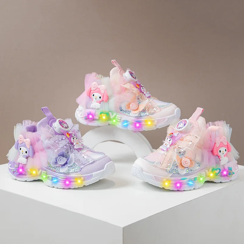 

Anime My Melody Girls Running Shoes Kuromi Luminous Shoes Cartoon Leather Waterproof Anti Slip Kids Sneakers Outdoor Shoes