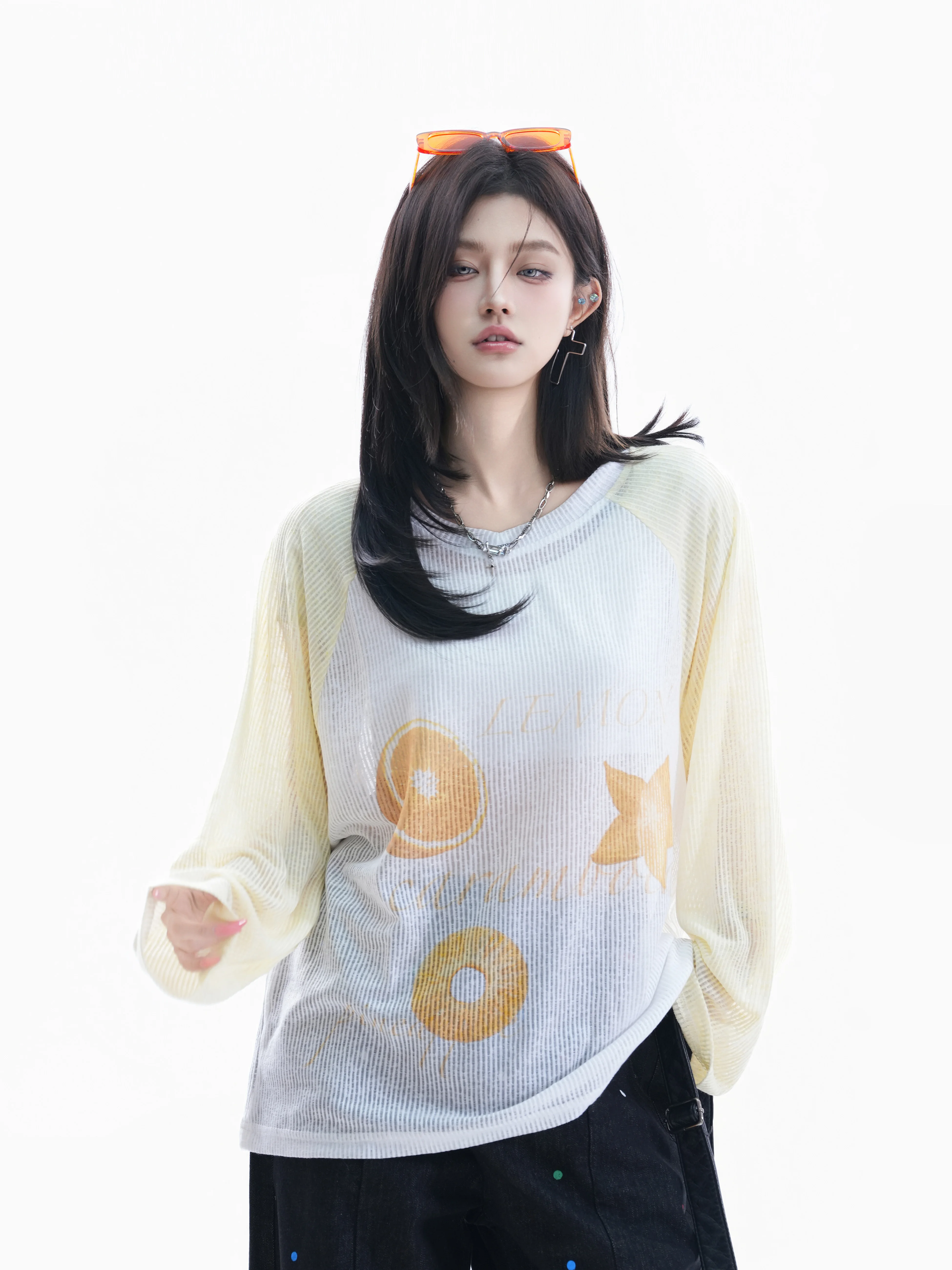 

American Style Long Sleeve Fruit Print T-Shirt Women's Loose Transparent Skin Sunshade Shirt INS Top Small Ball Ball