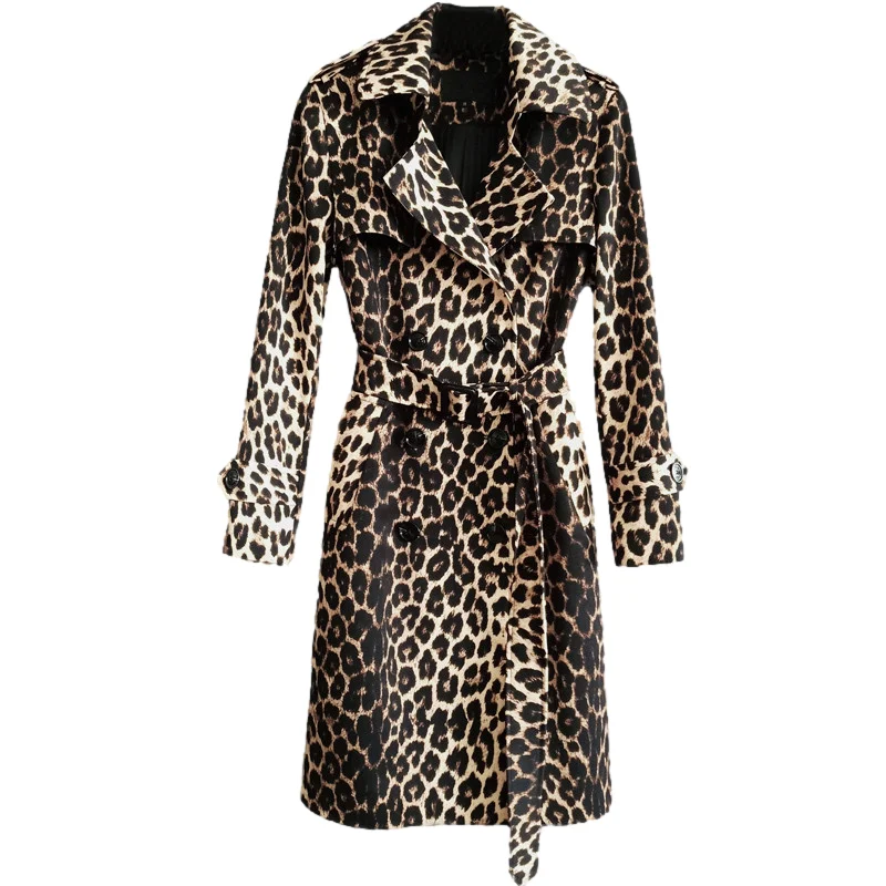 

Spring Autumn New Vintage Mid Length Leopard Trench Coat Women Belt Long Sleeve Double Breasted Windbreaker Slim Overcoat Female