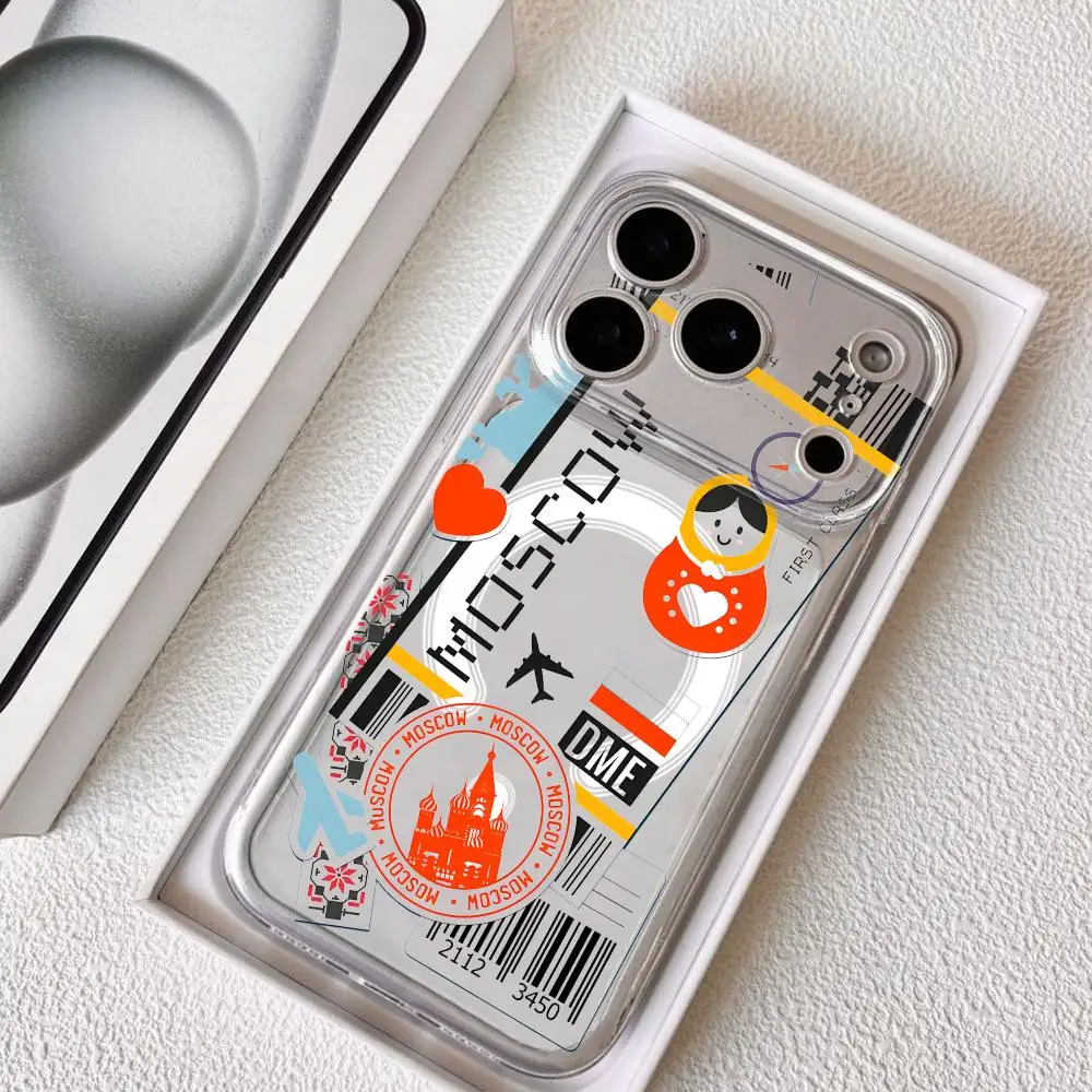 Plane Travel Ticket russia Phone Case for iPhone 17 16 15 14 13 12 11 Pro Max Plus Clear Magnetic Shockproof Scratch-Resistant