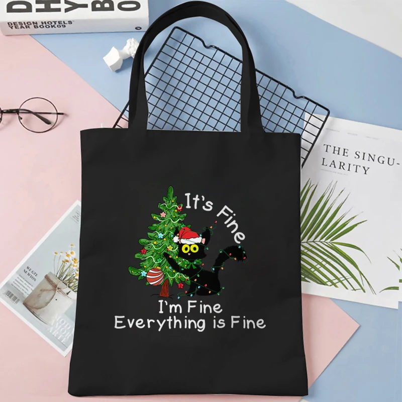 I\'m Fine Everything Is Fine Canvas Bag for Women Shopper Funny Christmas Lights Cat Handbags Torba na ramię wielokrotnego użytku