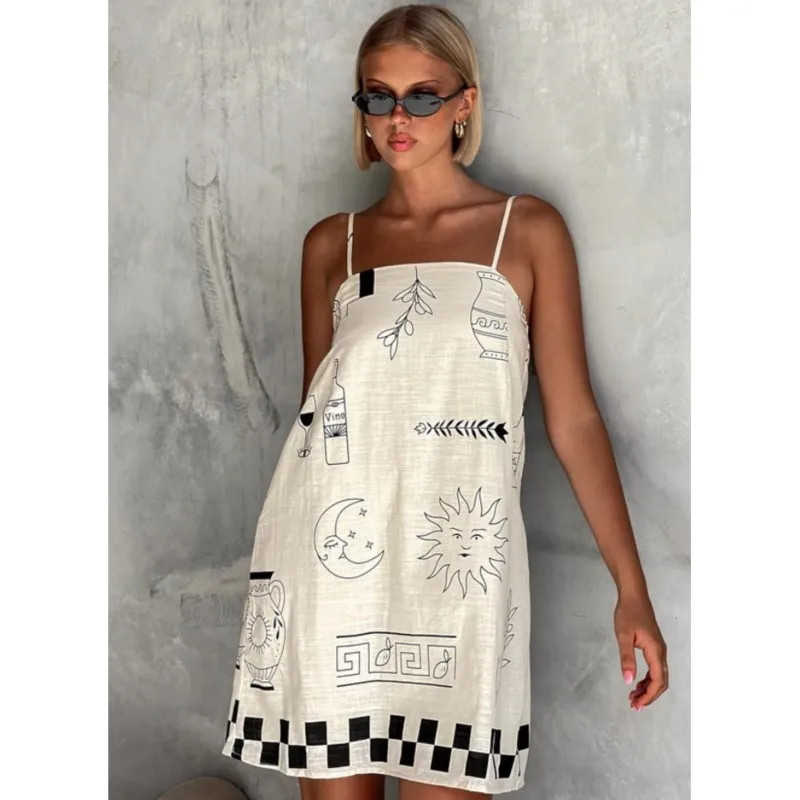 2025 Women's Vintage Print Vacation Mini Dresses Summer Sleeveless Sexy Backless Sling Dress Fashion Boho Beach Dress Femme