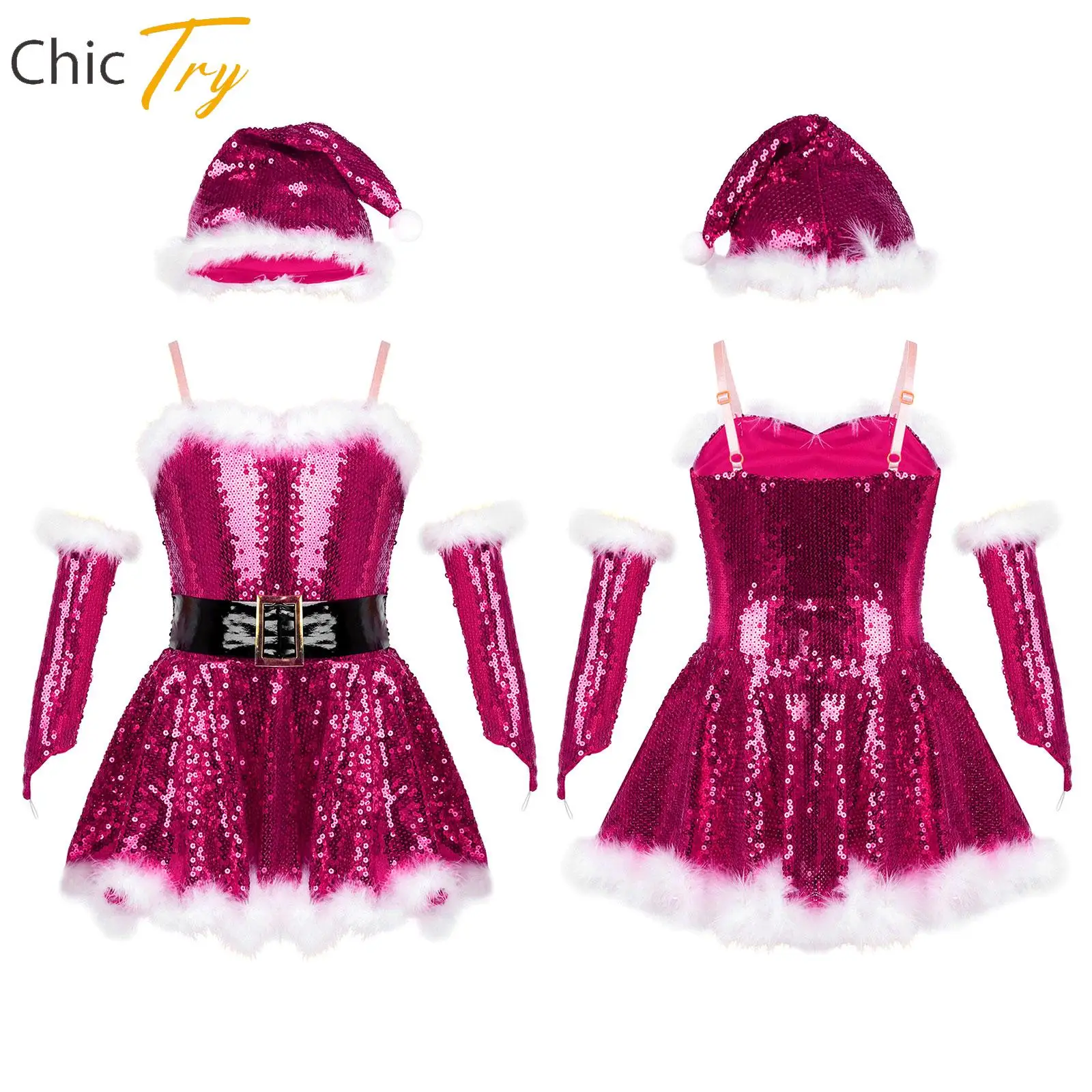 3 pezzi bambini ragazze 2024 Natale Babbo Natale balletto danza body costume cinturino con paillettes + cappello maniche braccio pattinaggio di figura vestito cosplay