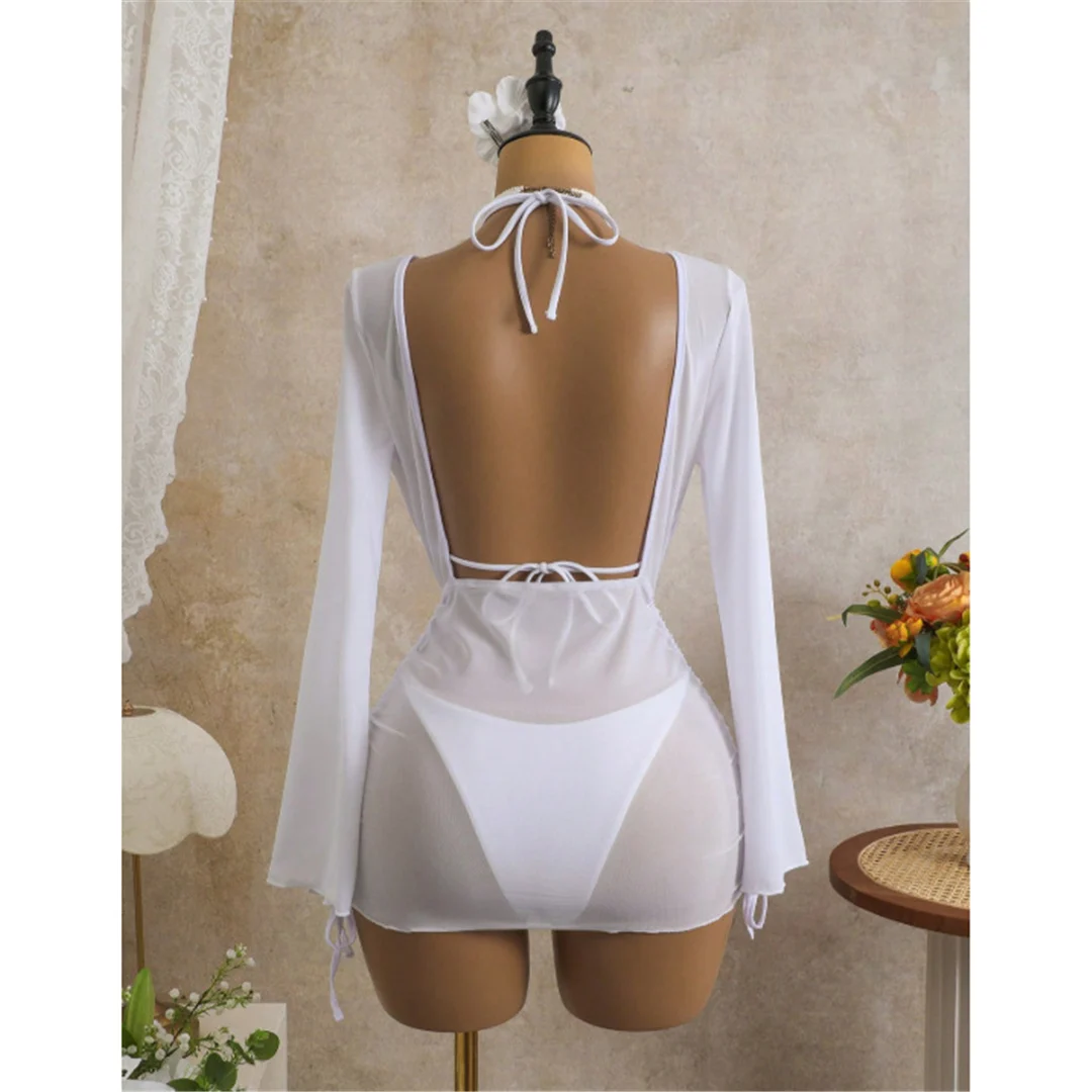 S - XL 3-teiliges Set mit langärmeligem Kleid, Bikini, Damen-Badebekleidung, Damen-Badeanzug, dreiteiliges Bikini-Set, Badeanzug, Badebekleidung, Schwimmbekleidung V7757 – Detail 6