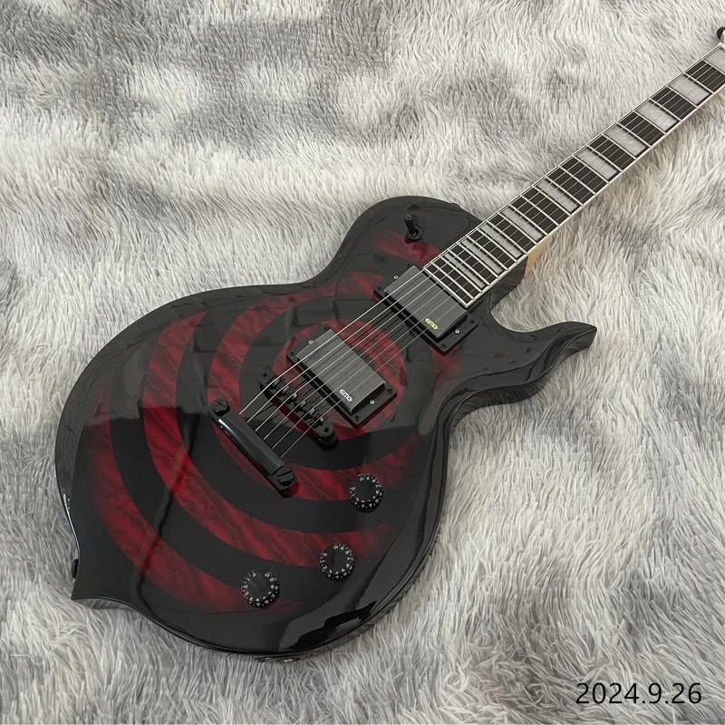 Electric Guitar With Zakk Wylde Black Circle Wave Flame Top Red Color Finished Black Parts Large Block Inlay 3 Pots