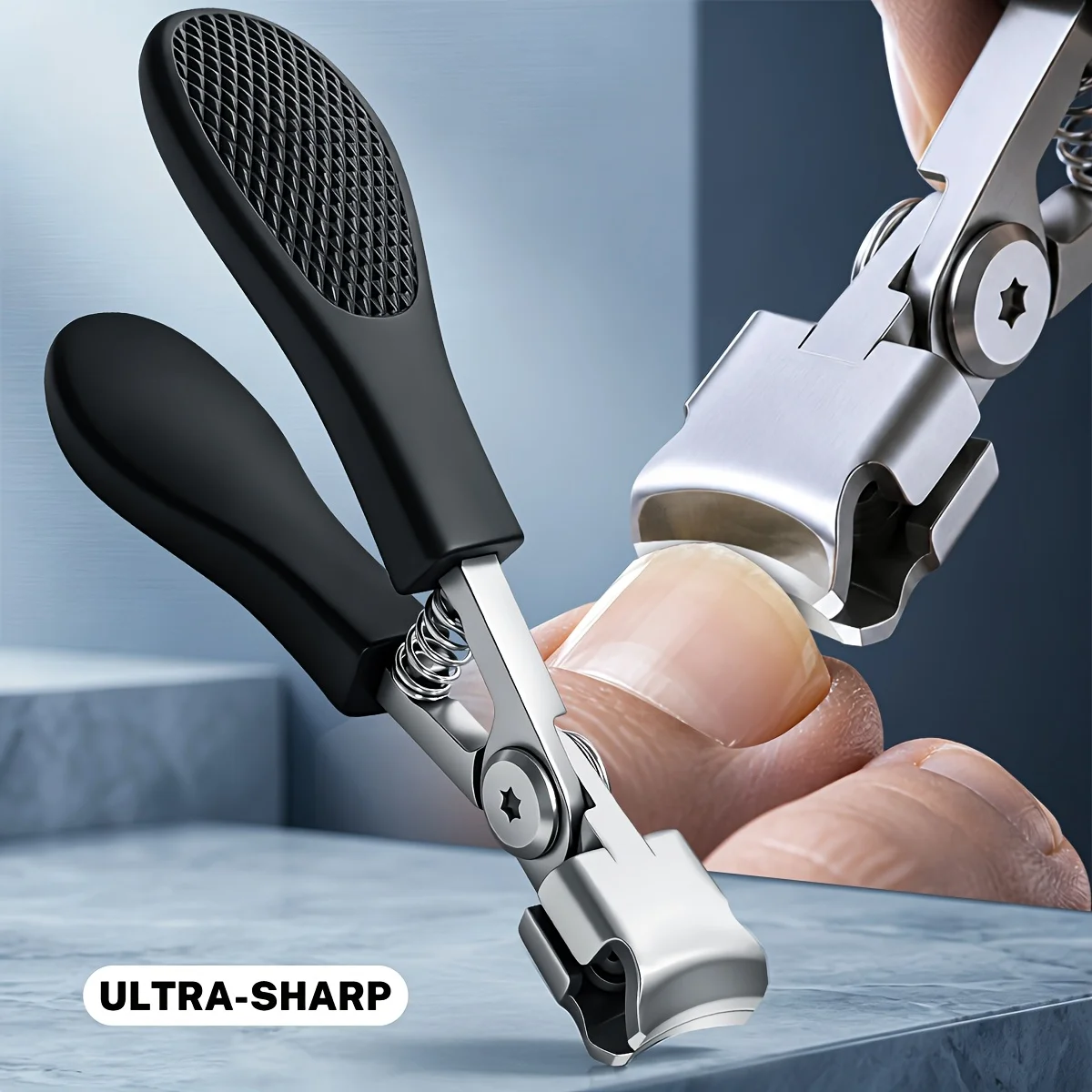 Black Non-Slip Textured Handle Large Size Nail Clippers, Metal Spring Retract Design, Widened Opening Blade