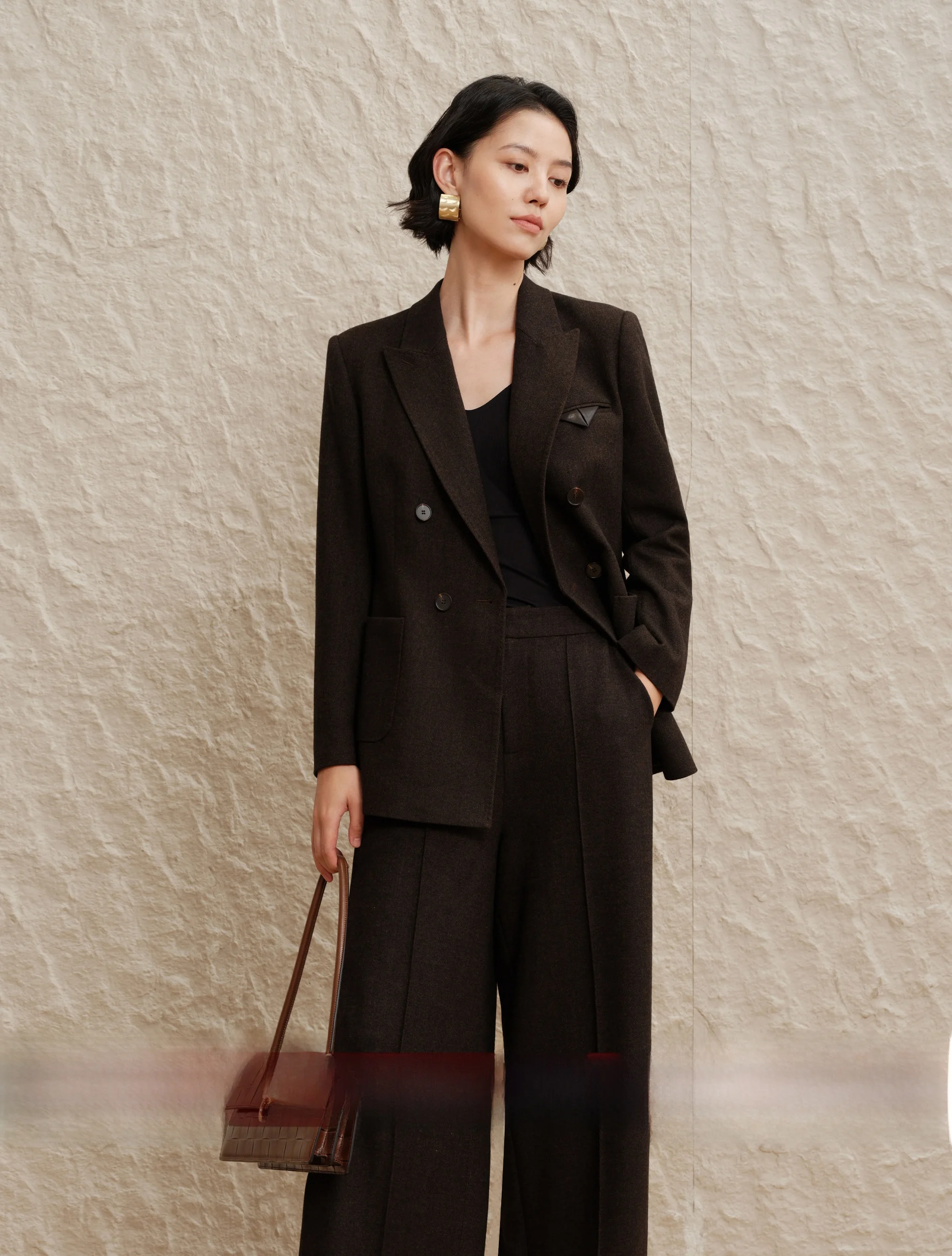 

Chimei Daye Высококачественный кожаный шерстяной брючный костюм в клетку с широкими брюками спереди S, комплект из двух предметов для деловых женщин