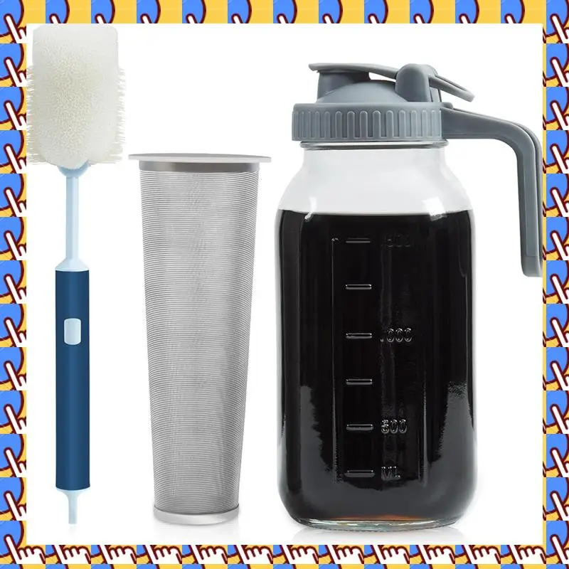 

A79I Cold Brew Coffee Maker Iced Tea Maker Mason Jar 64Oz, Durable Thick Glass Cold Brew Pitcher Flip Cap Spout Lid With Handle