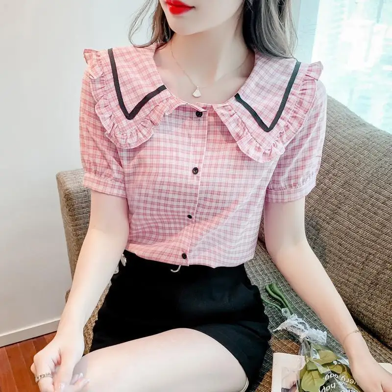 Fashion Korean Summer New Blouses Women\'s Polo Collar Spliced Editable Tree Fungus Plaid Button Loose Casual Short Sleeve Shirts